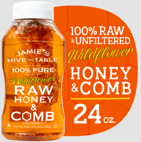 Jamie's Hive to Table Wildflower Honey & Comb, Honeycomb, Raw & Unfiltered, 24 oz Squeeze Bottle
